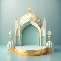 Islamic theme product display background in 3d rendering illustration design, Mosque portal frame with podium or stage and empty space. photo
