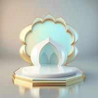 realistic 3d islamic scene background shiny diamond color effect with mosque gate for podium and product display stage photo