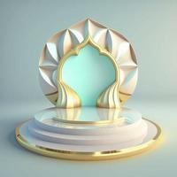 realistic 3d islamic scene background shiny diamond color effect with mosque gate for podium and product display stage photo