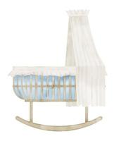 Baby Cradle. Hand drawn Watercolor illustration of Crib for Child. Drawing of bassinet for boy or girl in vintage retro style. Sketch on isolated background in pastel blue and beige colors vector