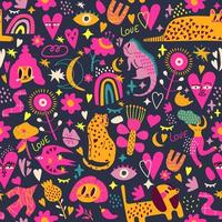 Fantastic seamless pattern on a dark background with various animals, interesting facial expressions, hearts and small details. This design will make your project special. vector