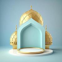 Islamic theme product display background in 3d rendering illustration design, Mosque portal frame with podium or stage and empty space. photo