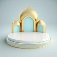 Islamic theme product display background in 3d rendering illustration design, Mosque portal frame with podium or stage and empty space. photo