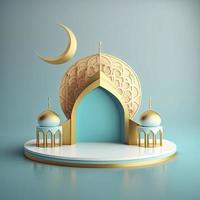 Islamic theme product display background in 3d rendering illustration design, Mosque portal frame with podium or stage and empty space. photo