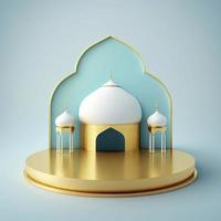 Islamic theme product display background in 3d rendering illustration design, Mosque portal frame with podium or stage and empty space. photo