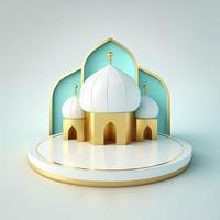 Islamic theme product display background in 3d rendering illustration design, Mosque portal frame with podium or stage and empty space. photo