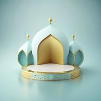 Islamic theme product display background in 3d rendering illustration design, Mosque portal frame with podium or stage and empty space. photo