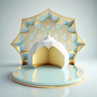 Islamic ramadan podium background of futuristic and modern 3d realistic mosque with scene and stage for product display photo