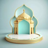 Islamic theme product display background in 3d rendering illustration design, Mosque portal frame with podium or stage and empty space. photo