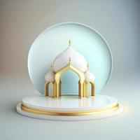 Islamic ramadan podium background of futuristic and modern 3d realistic mosque with scene and stage for product display photo