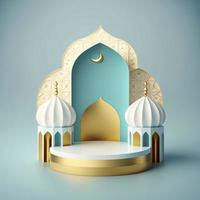 Islamic theme product display background in 3d rendering illustration design, Mosque portal frame with podium or stage and empty space. photo