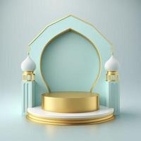 Islamic theme product display background in 3d rendering illustration design, Mosque portal frame with podium or stage and empty space. photo