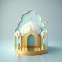 Islamic theme product display background in 3d rendering illustration design, Mosque portal frame with podium or stage and empty space. photo