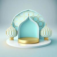 Islamic theme product display background in 3d rendering illustration design, Mosque portal frame with podium or stage and empty space. photo
