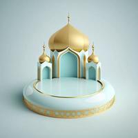 Islamic theme product display background in 3d rendering illustration design, Mosque portal frame with podium or stage and empty space. photo