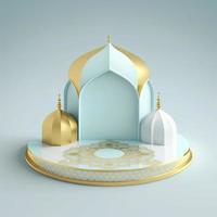 Islamic theme product display background in 3d rendering illustration design, Mosque portal frame with podium or stage and empty space. photo