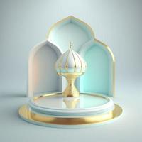 Islamic ramadan podium background of futuristic and modern 3d realistic mosque with scene and stage for product display photo