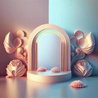 Feminine and elegant 3d podium illustration with abstract flower ornament for product display photo