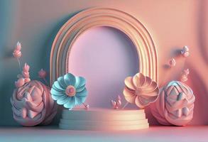 Ilustración 3d de podio con adorno floral para promoción de productos. foto