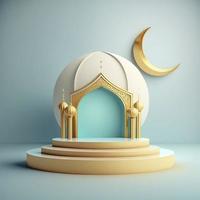 Islamic theme product display background in 3d rendering illustration design, Mosque portal frame with podium or stage and empty space. photo