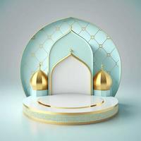 Islamic theme product display background in 3d rendering illustration design, Mosque portal frame with podium or stage and empty space. photo