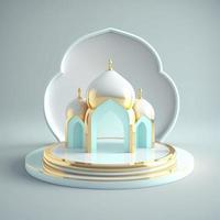 Islamic ramadan podium background of futuristic and modern 3d realistic mosque with scene and stage for product display photo