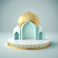Islamic theme product display background in 3d rendering illustration design, Mosque portal frame with podium or stage and empty space. photo