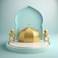 Islamic theme product display background in 3d rendering illustration design, Mosque portal frame with podium or stage and empty space. photo