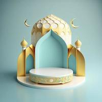 Islamic theme product display background in 3d rendering illustration design, Mosque portal frame with podium or stage and empty space. photo