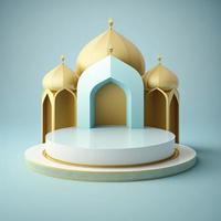 Islamic theme product display background in 3d rendering illustration design, Mosque portal frame with podium or stage and empty space. photo