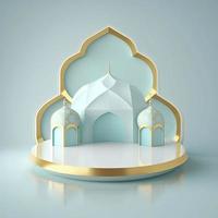 Islamic theme product display background in 3d rendering illustration design, Mosque portal frame with podium or stage and empty space. photo