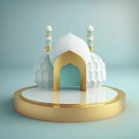 Islamic theme product display background in 3d rendering illustration design, Mosque portal frame with podium or stage and empty space. photo