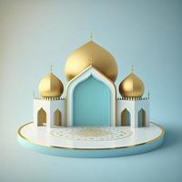 Islamic theme product display background in 3d rendering illustration design, Mosque portal frame with podium or stage and empty space. photo