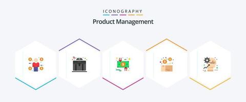 Product Management 25 Flat icon pack including product. box. charge. money. down vector