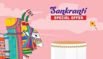 Sankranti festival special offer banner template with product podium and festive elements like traditional jallikattu vector