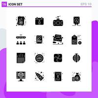 Set of 16 Vector Solid Glyphs on Grid for team network tourism group computing Editable Vector Design Elements