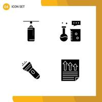 4 Thematic Vector Solid Glyphs and Editable Symbols of bag flashlight punching chemistry laboratory torch Editable Vector Design Elements