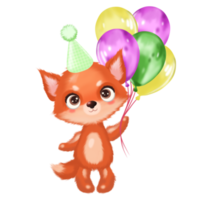 Cute fox with balloons. Hand drawn illustration png