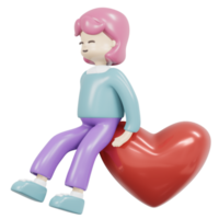3d interpretazione ragazza seduta su rosso cuore concetto di amore, san valentino, donazione e gentilezza. 3d rendere illustrazione. png