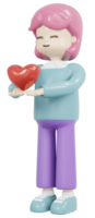 Garota de renderização 3D segurando o conceito de coração vermelho de amor, dia dos namorados, doação e bondade. ilustração de renderização 3D. png