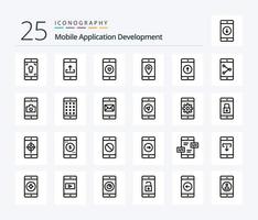 Mobile Application Development 25 Line icon pack including location. mobile. upload. application. like vector