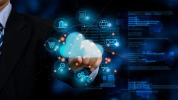 businessman touch on virtual internet connection cloud computing and technology icons. Business global connection application digital marketing, Financial and banking, big data. photo