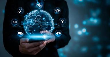Digital communication and virtual technology concept WEB 3.0.hand touch globe internet.Business marketing concept metaverse and big data. photo