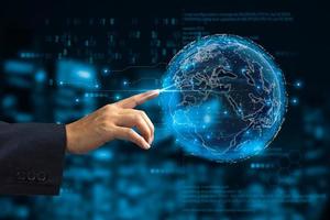 Digital communication and virtual technology concept WEB 3.0.hand touch globe internet.Business marketing concept metaverse and big data. photo