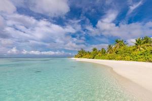 Summer beach scene, holiday concept summer scenery, wonderful tropical nature, exotic coast with waves, blue sky and white sad. Peaceful serene scene, travel destination photo