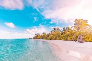 Beautiful landscape of beach sea ocean with hammock or swing on coco palm tree with white cloud and sunset sky for leisure travel in holiday vacation. Luxury beach resort, wonderful landscape banner photo