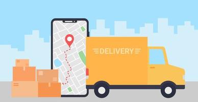 Delivery truck with cardboard box on mobile phone and city background. Phone with map and gps pin with location on screen. Delivery service concept. vector