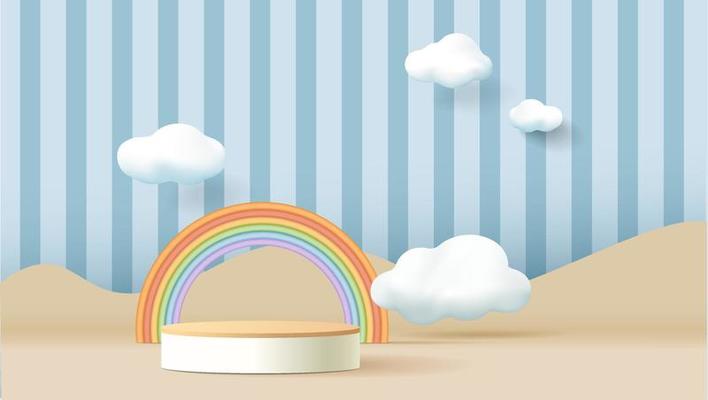 3d podium on pastel background with clouds and cute rainbow, kids product display.