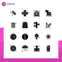 Set of 16 Vector Solid Glyphs on Grid for virus internet building horse city Editable Vector Design Elements