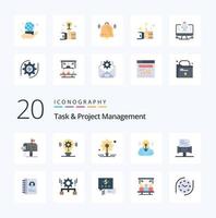 Paquete de iconos de color plano de gestión de 20 tareas y proyectos como campaña de campaña creativa de bulbo de libro de reglas vector